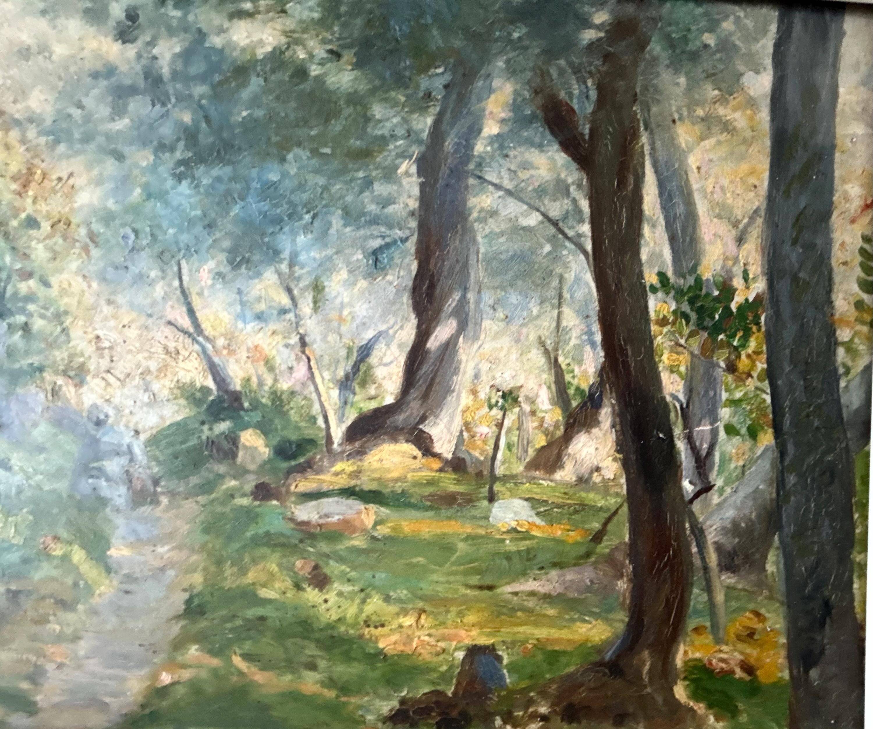 Vintage 1930s French Oil Painting on Panel – Barbizon‑Style Forest Path