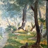 Vintage 1930s French Oil Painting on Panel – Barbizon‑Style Forest Path
