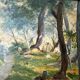 Peinture à l'huile sur panneau vintage des années 1930 – Chemin forestier de style Barbizon
