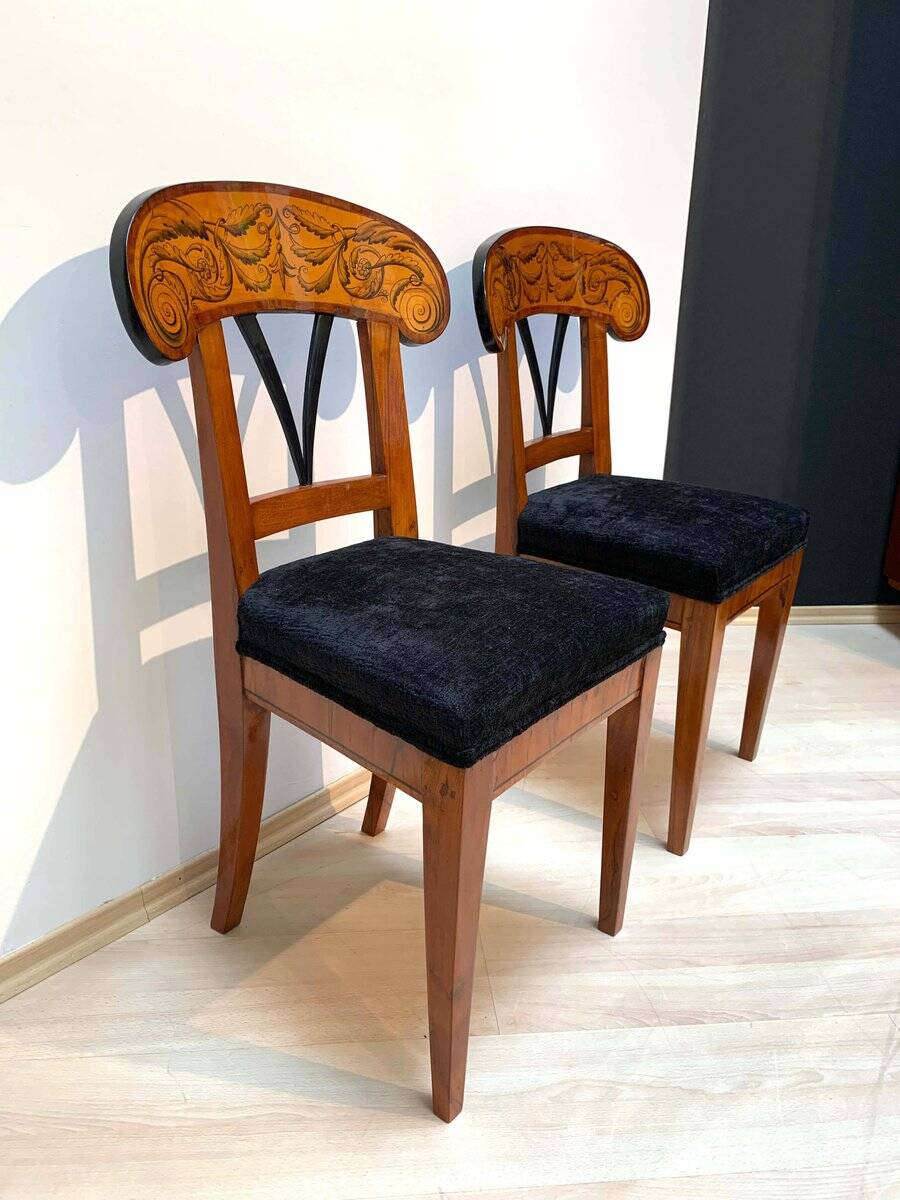 Set of Pair of Biedermeier Shovel Chairs, Walnut, Ink Painting, South Germany, 1830s