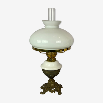 Kerosene lamp of patinated brass with shade of white opaline glass, 1860