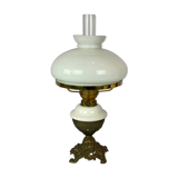 Kerosene lamp of patinated brass with shade of white opaline glass, 1860