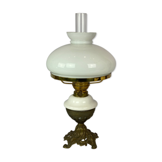 Kerosene lamp of patinated brass with shade of white opaline glass, 1860