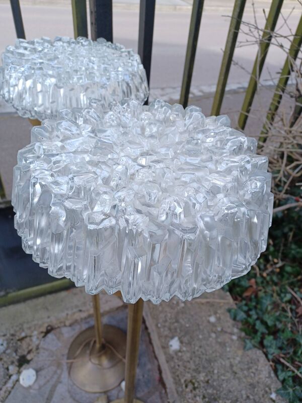Paire de lampadaire laiton doré et verre Maison Arlus années 50