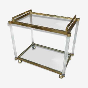 Trolley in golden metal, glass and plexiglass with removable tray 1970s