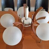 Scandinavian suspension in teak, glass, and metal.