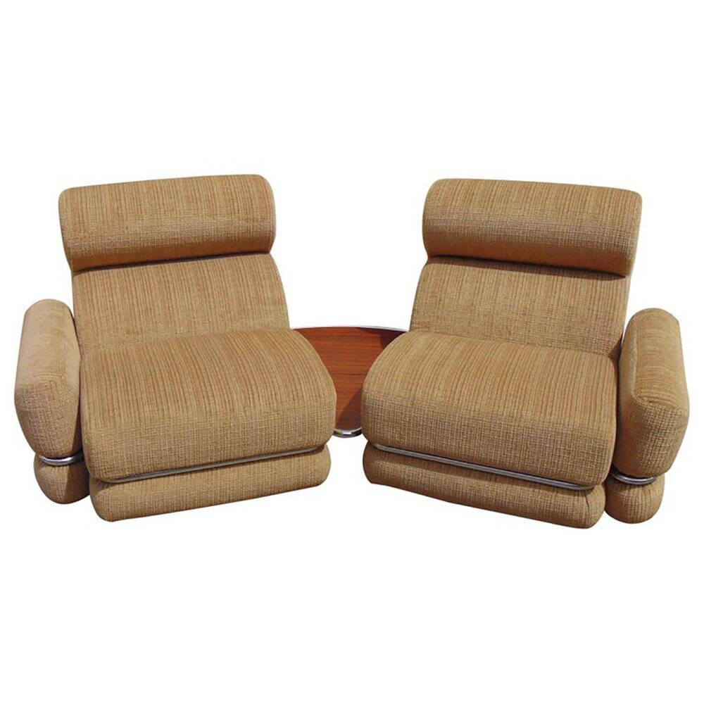 Mid-century Italian modular armchairs in brown fabric and chrome metal, 1960s — set of 3