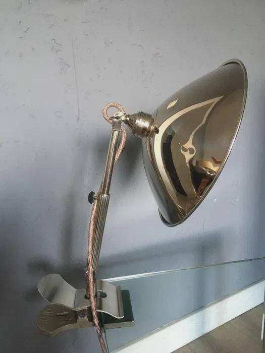 Glory industrial clamp lamp, chrome reflector shade, Germany, 1950s