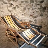 Vintage French folding lounge chair – 1950s/60s in beech with striped canvas, adjustable recliner
