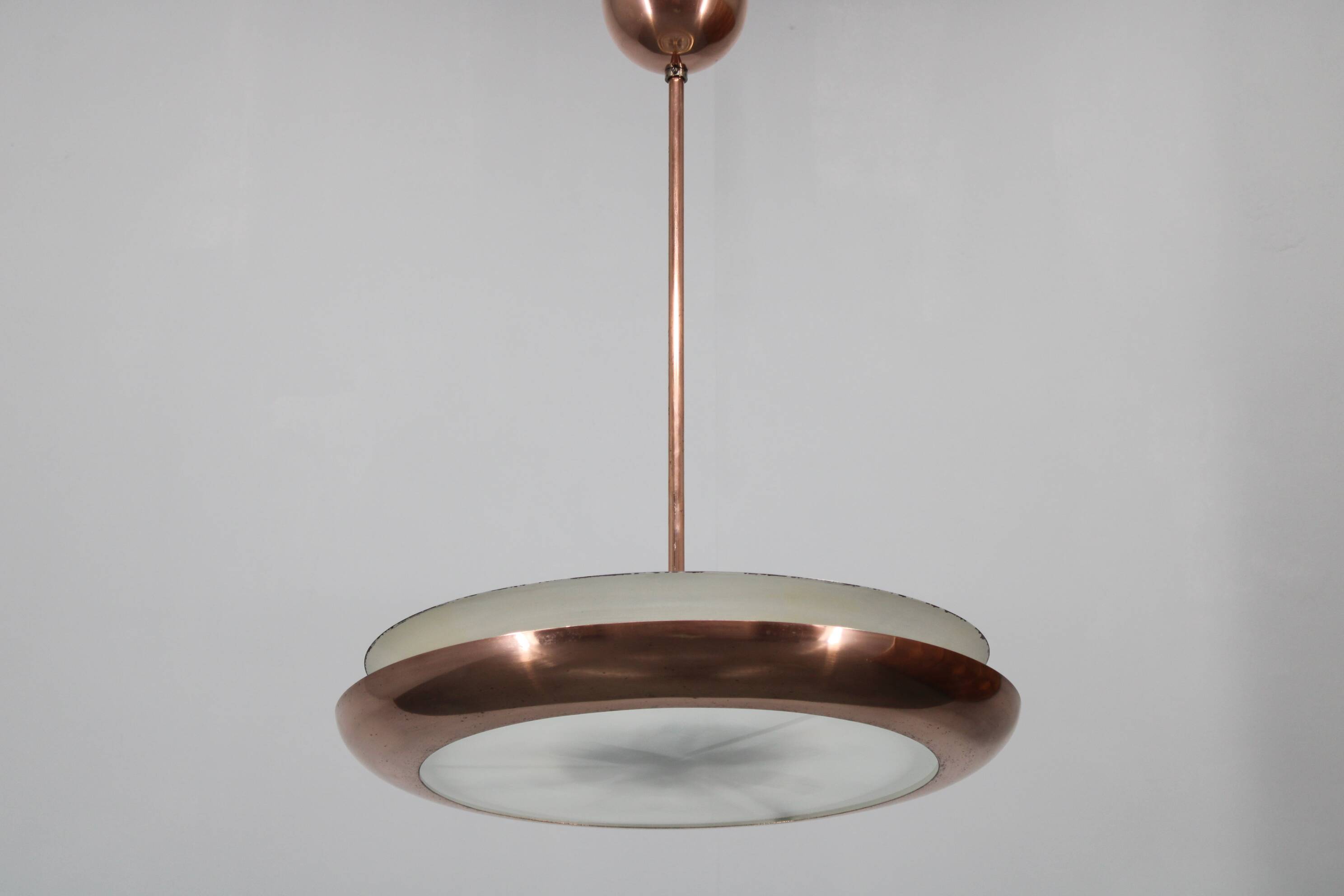 1930s "ufo" chandelier in copper finish by josef hurka, czechoslova