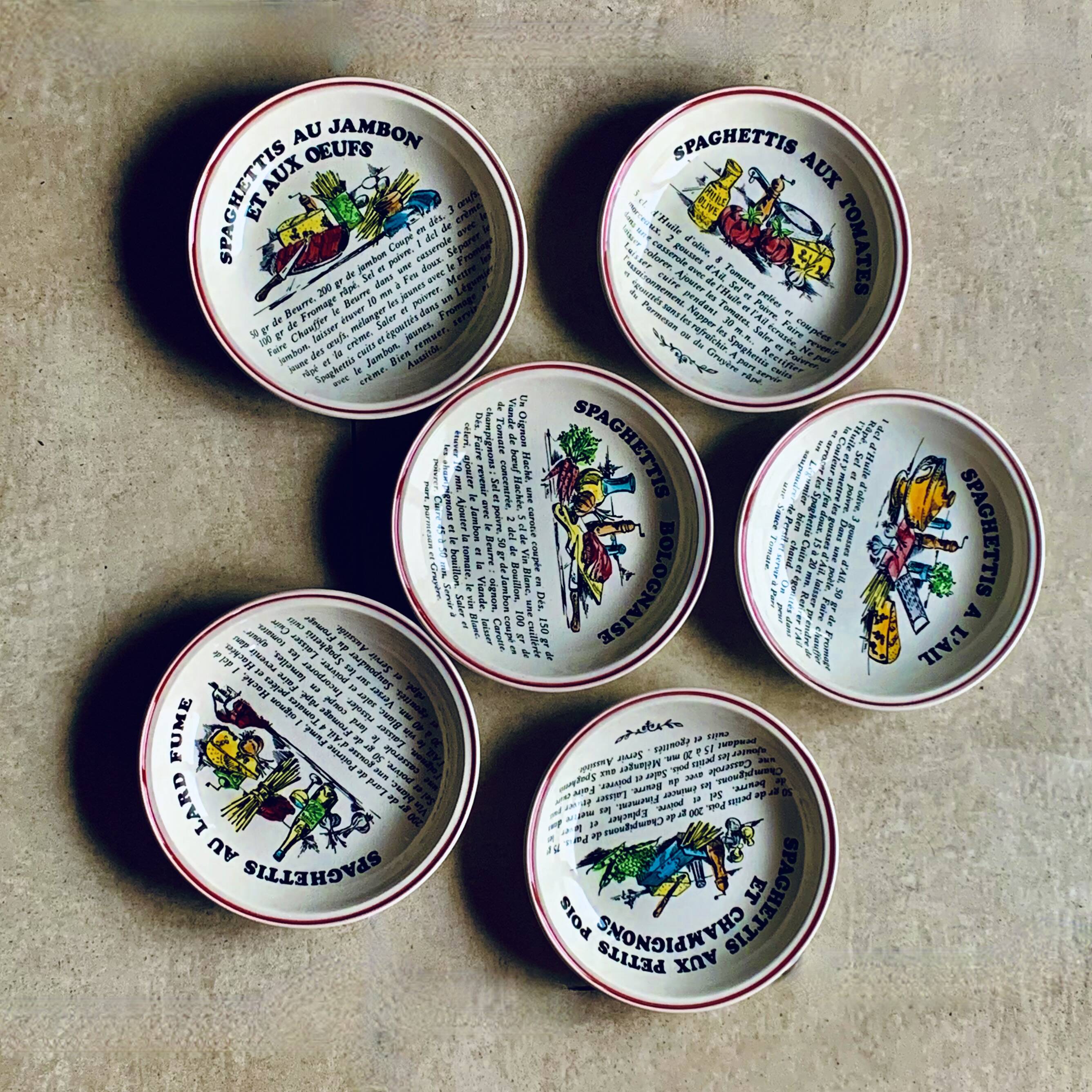 SIX vintage Gien spaghetti plates - Cordon Rouge Series