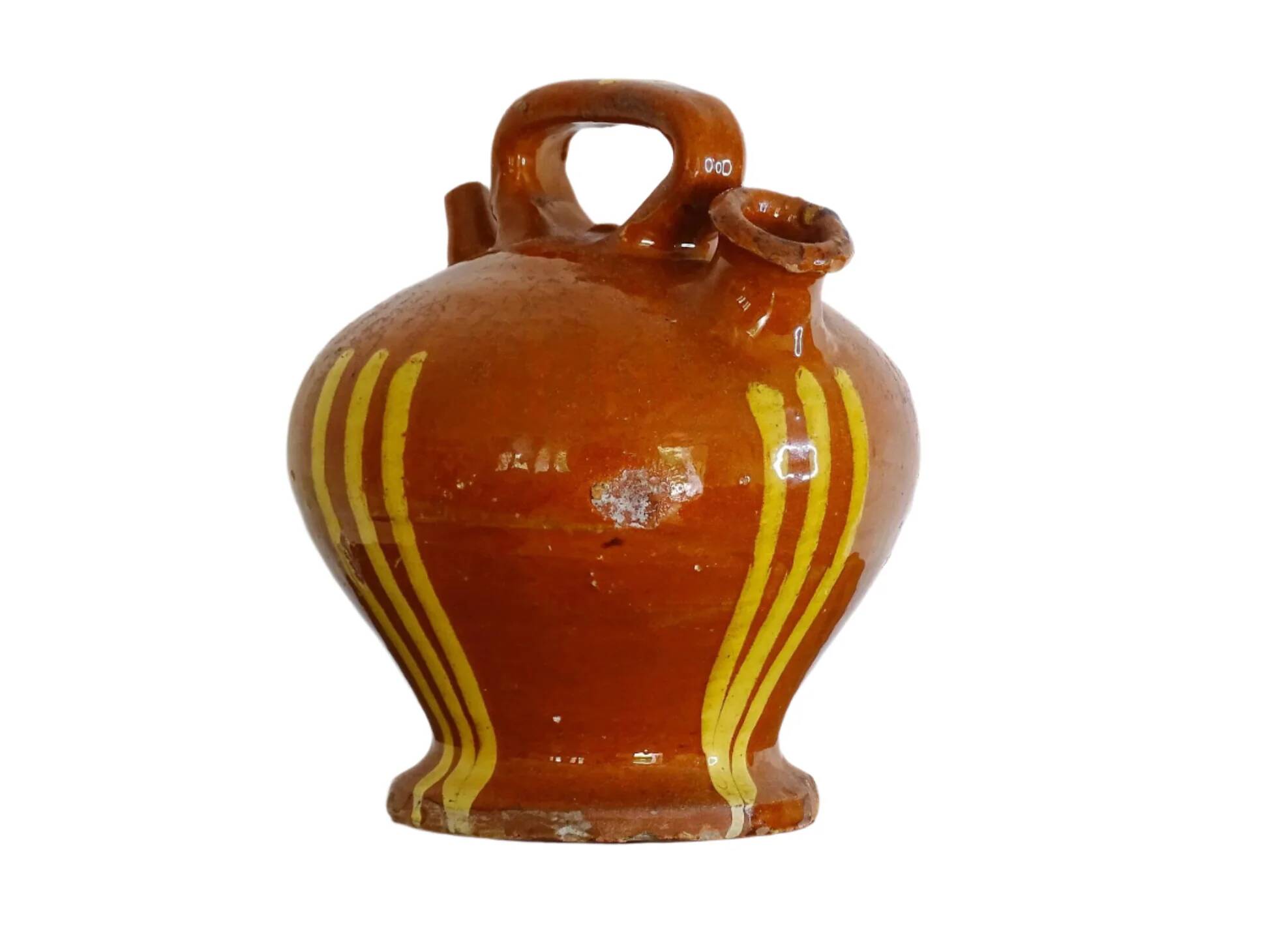 Cruche ou gargoulette ancienne en faïence française à glaçure rayée jaune