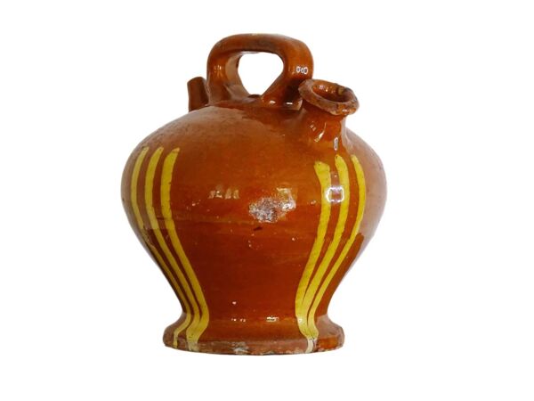 Cruche ou gargoulette ancienne en faïence française à glaçure rayée jaune