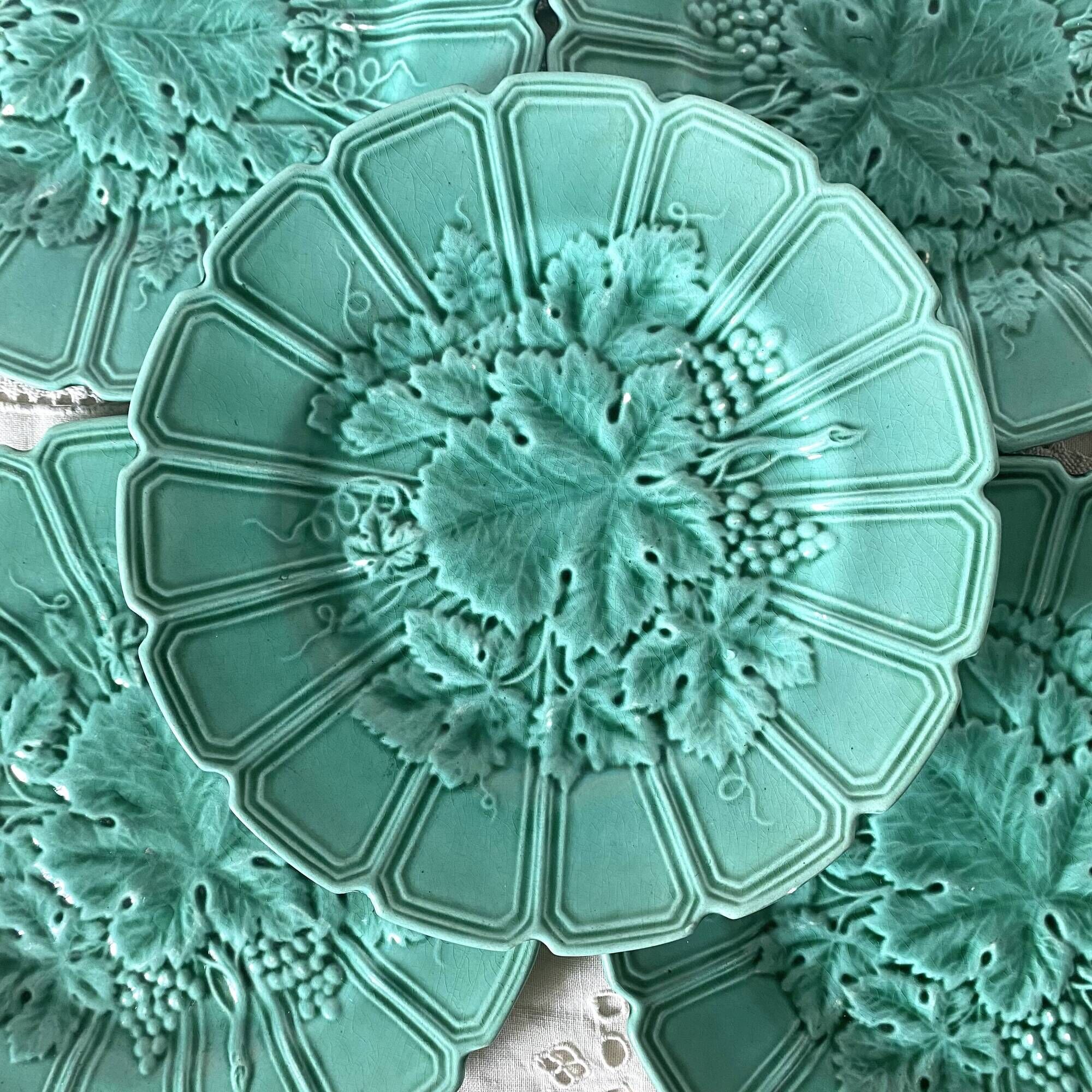 10 barbotine dessert plates and vine leaf dish