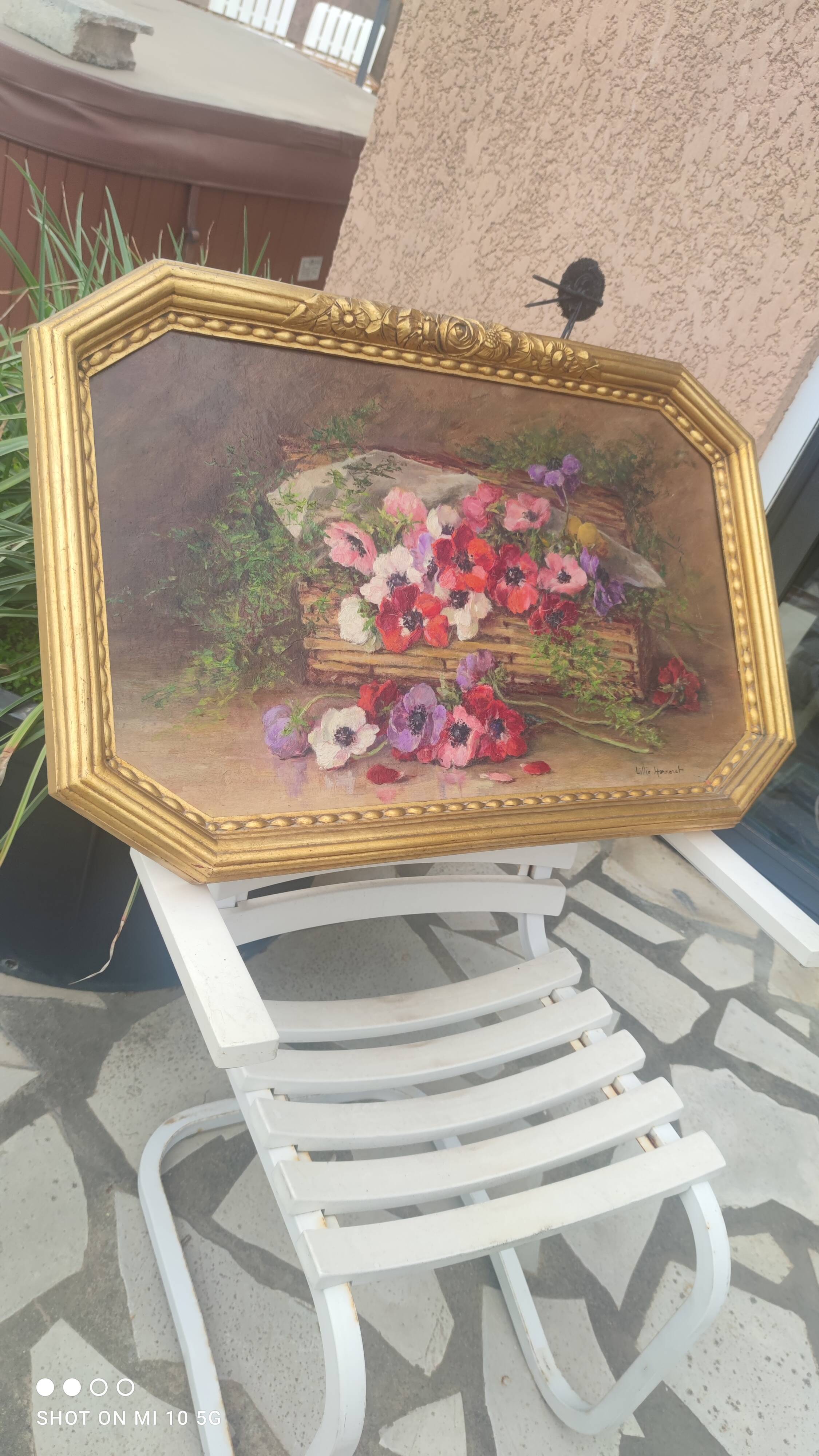 Still life painting, bouquet of flowers, oil on wood by Lillie Honnorat