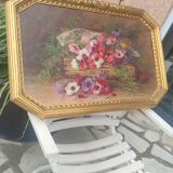 Still life painting, bouquet of flowers, oil on wood by Lillie Honnorat