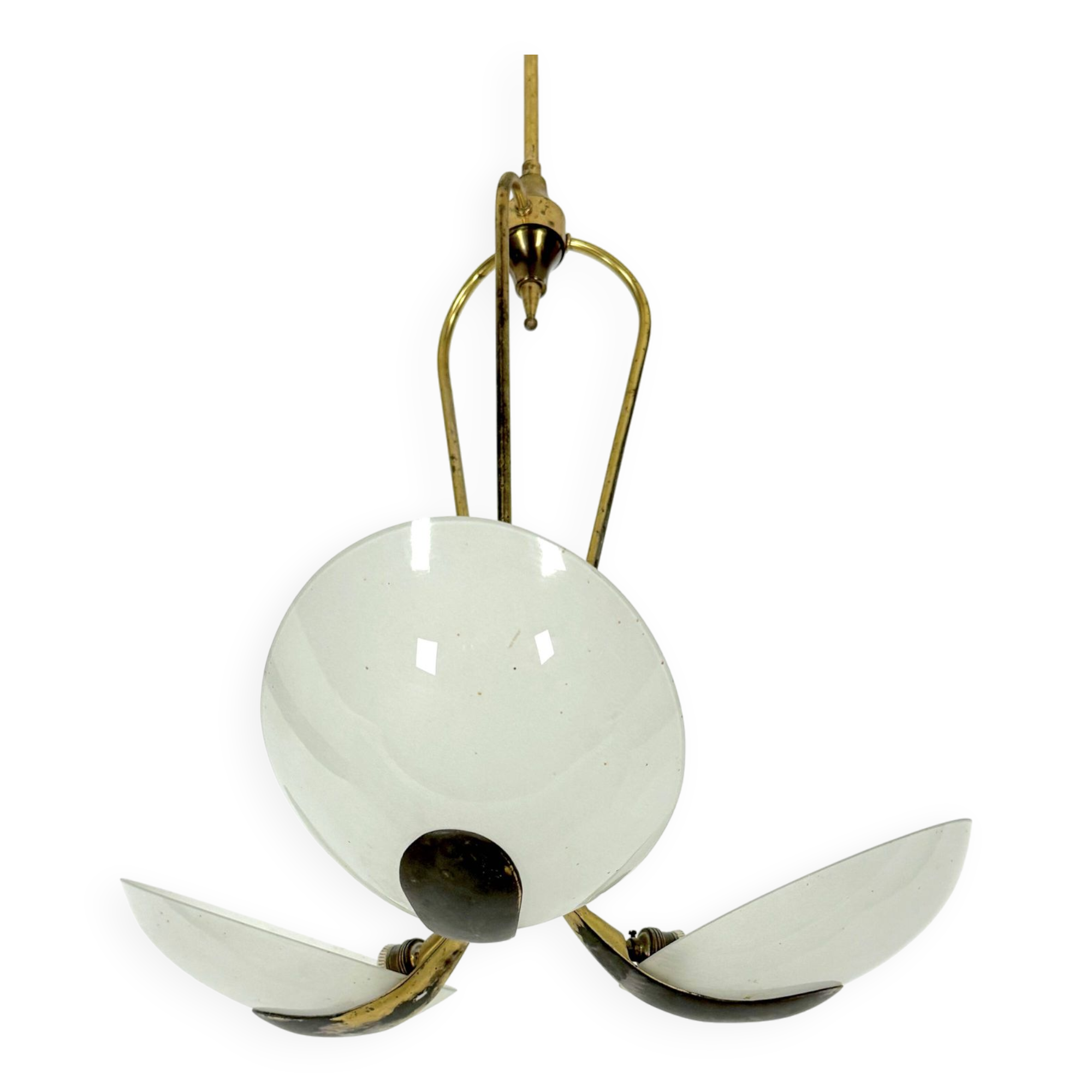 Vintage Italian brass and curved glass chandelier from 1950s