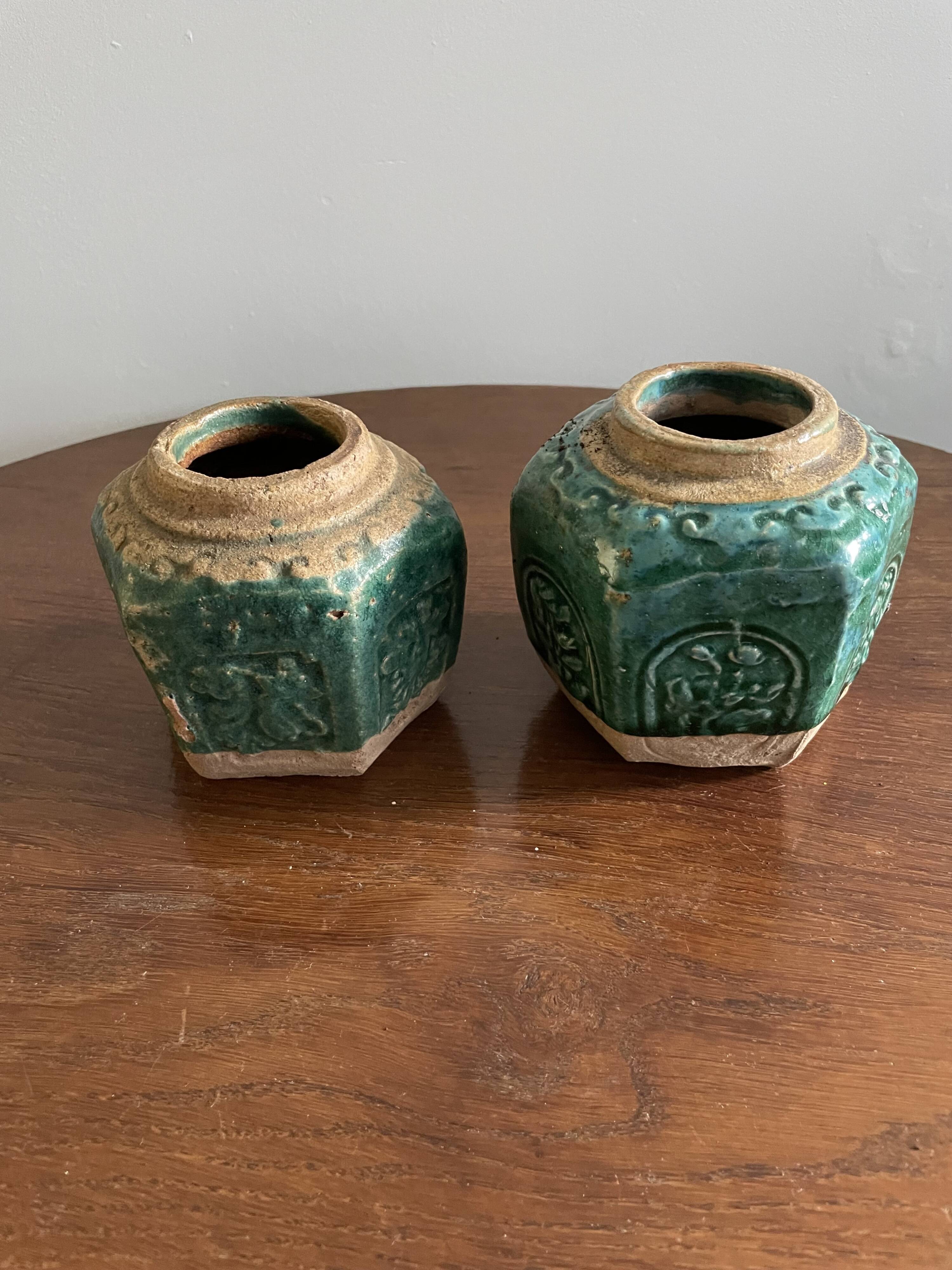 Deep green and light blue glazed hexagonal Shiwan ware ginger jar (collection of six jars, different sizes, floral designs)