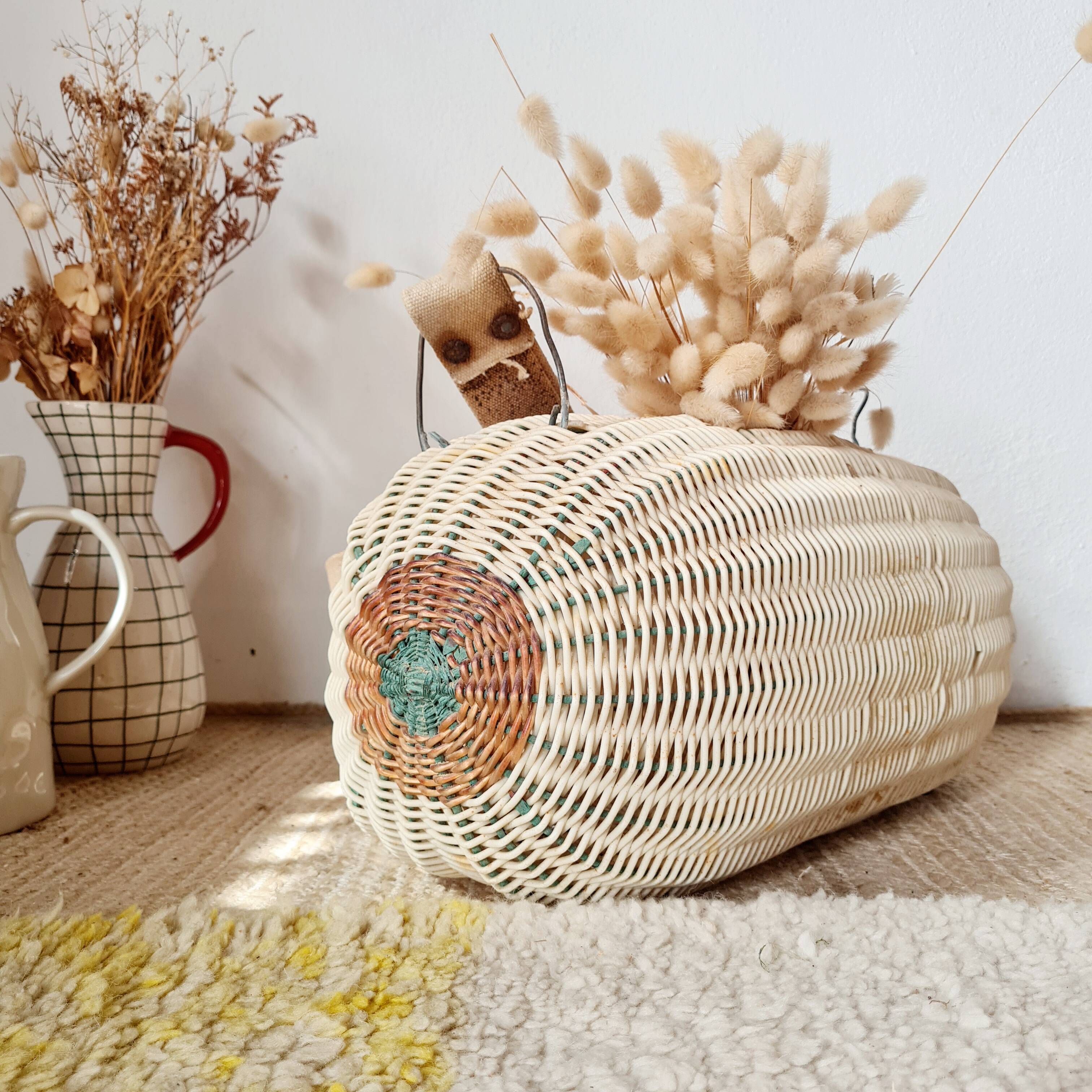 Panier ancien, besace en osier tressé - art populaire