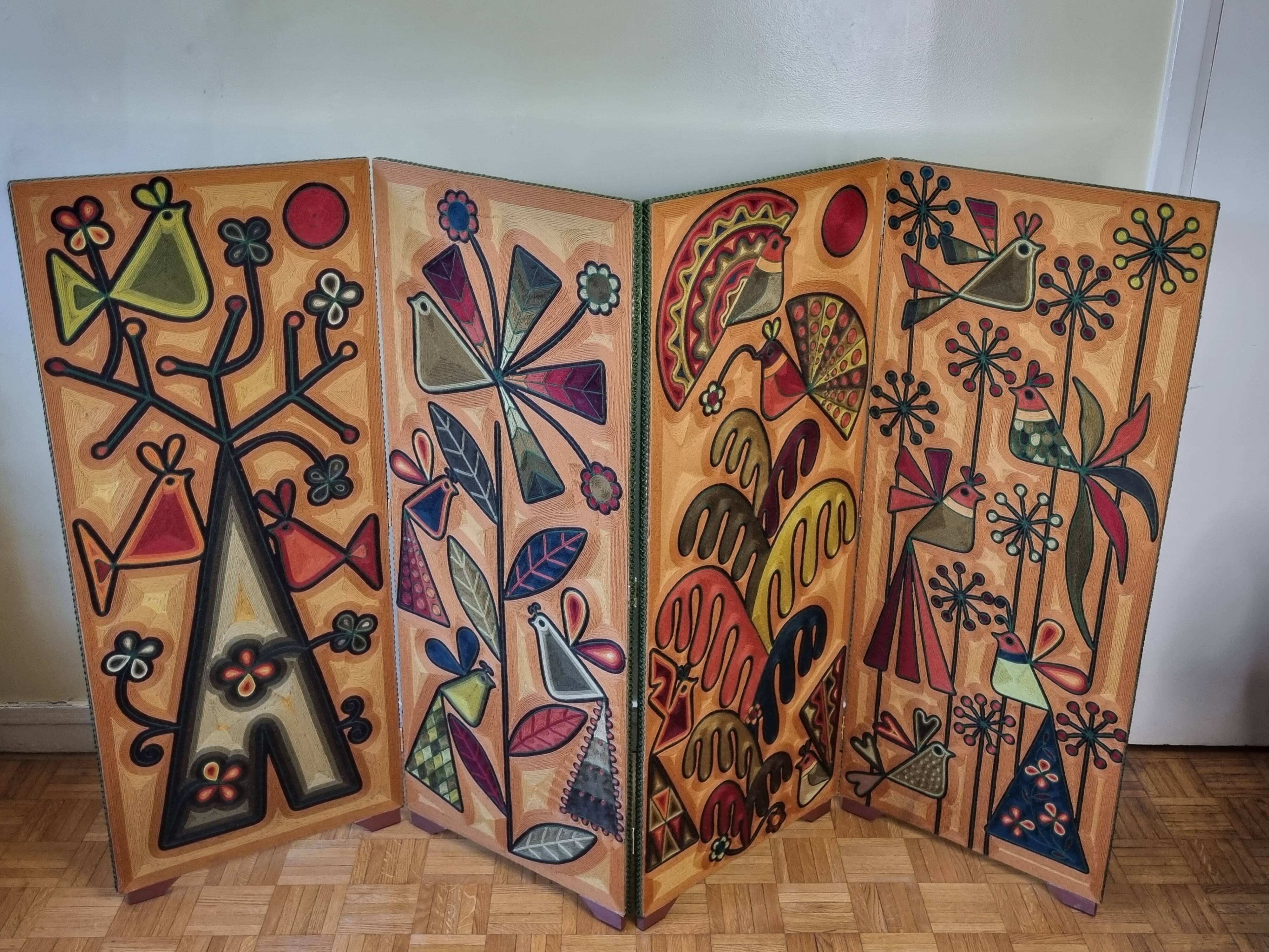 Screen decorated with wool threads, “Huichol” art, Sofia Ribeira, 124 cm