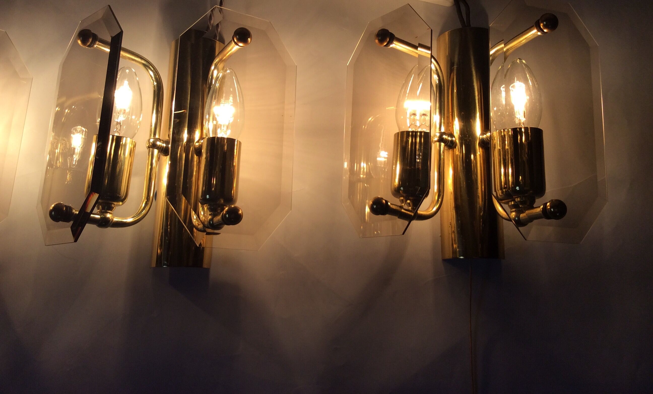 3 brass and vintage glass wall sconces