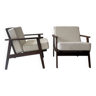 lot de 2 fauteuils scandinave retapissé en laine bouclette, design 1970