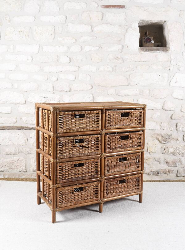Commode en osier et rotin avec 8 tiroirs
