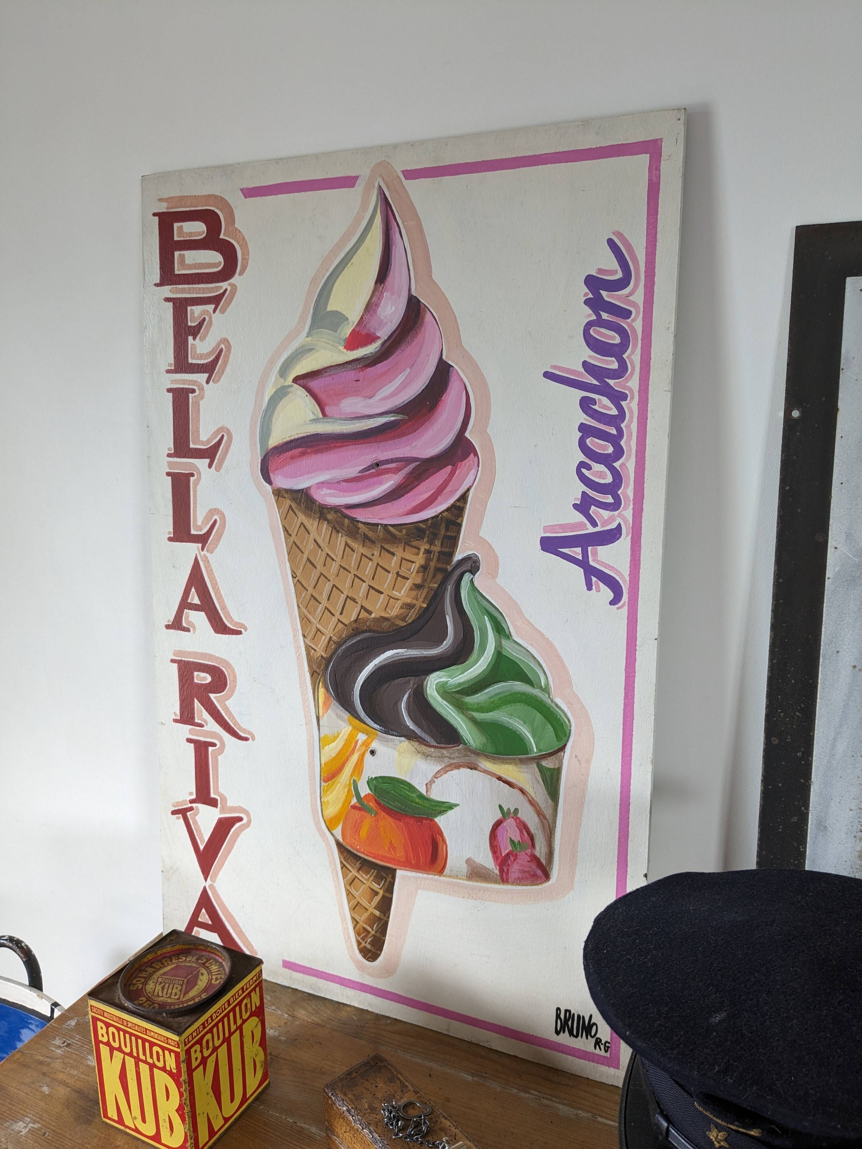 Vintage artisanal ice cream parlour sign Bellariva Arcachon 90 x 58cm