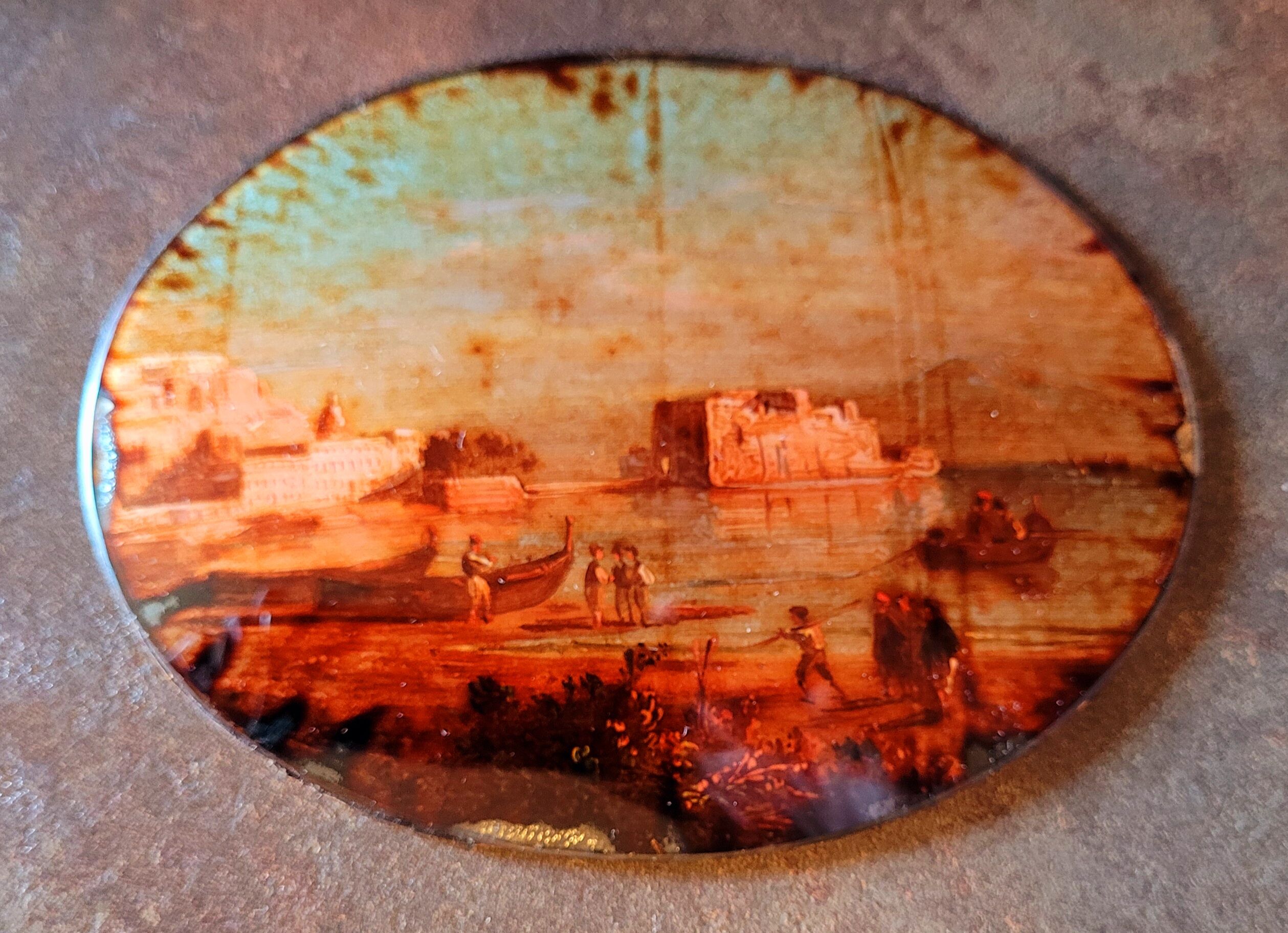 Old painting fixed under nineteenth century glass and vintage gilded frame