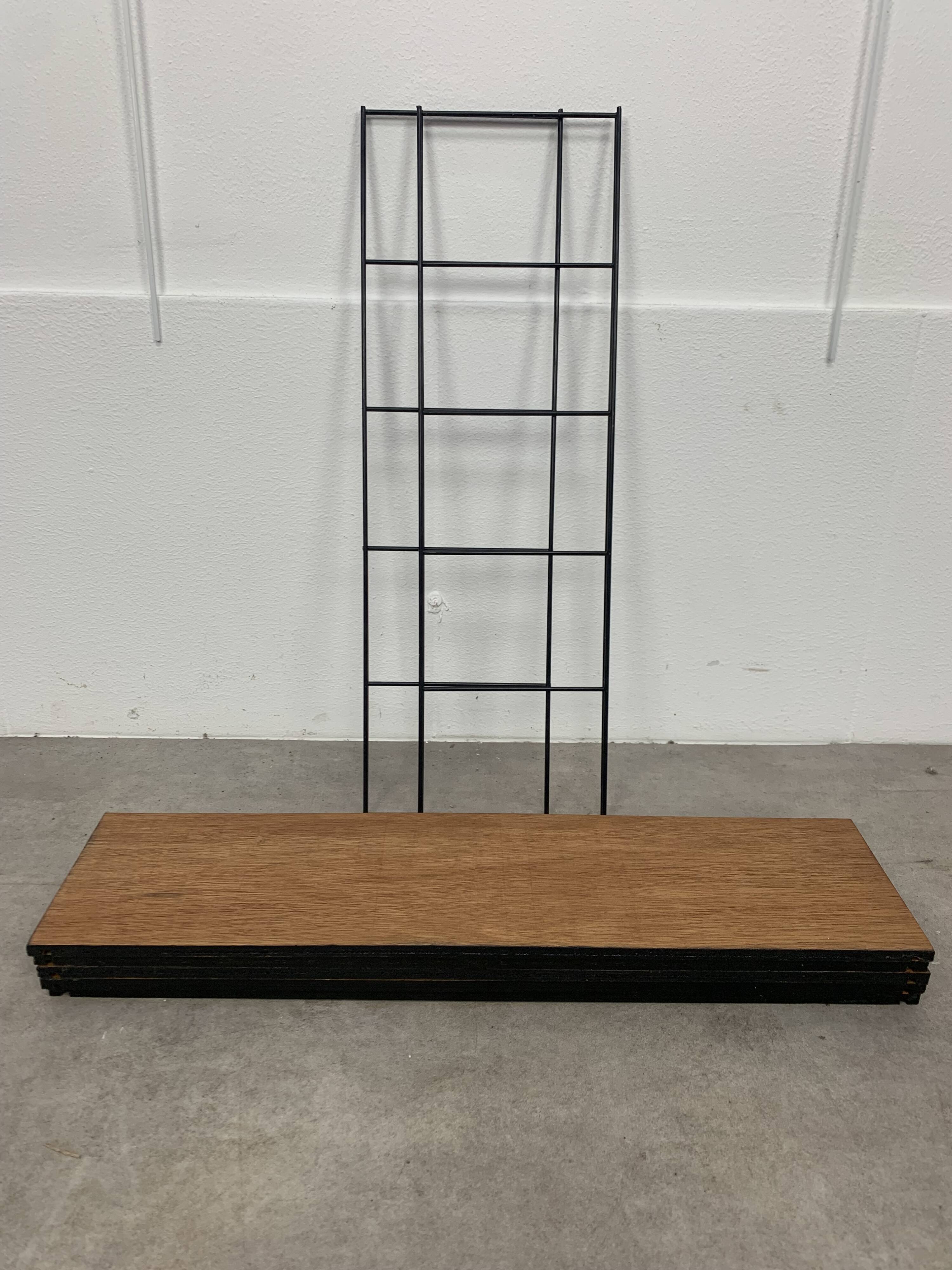 60s wall-mounted string shelf, wood and metal