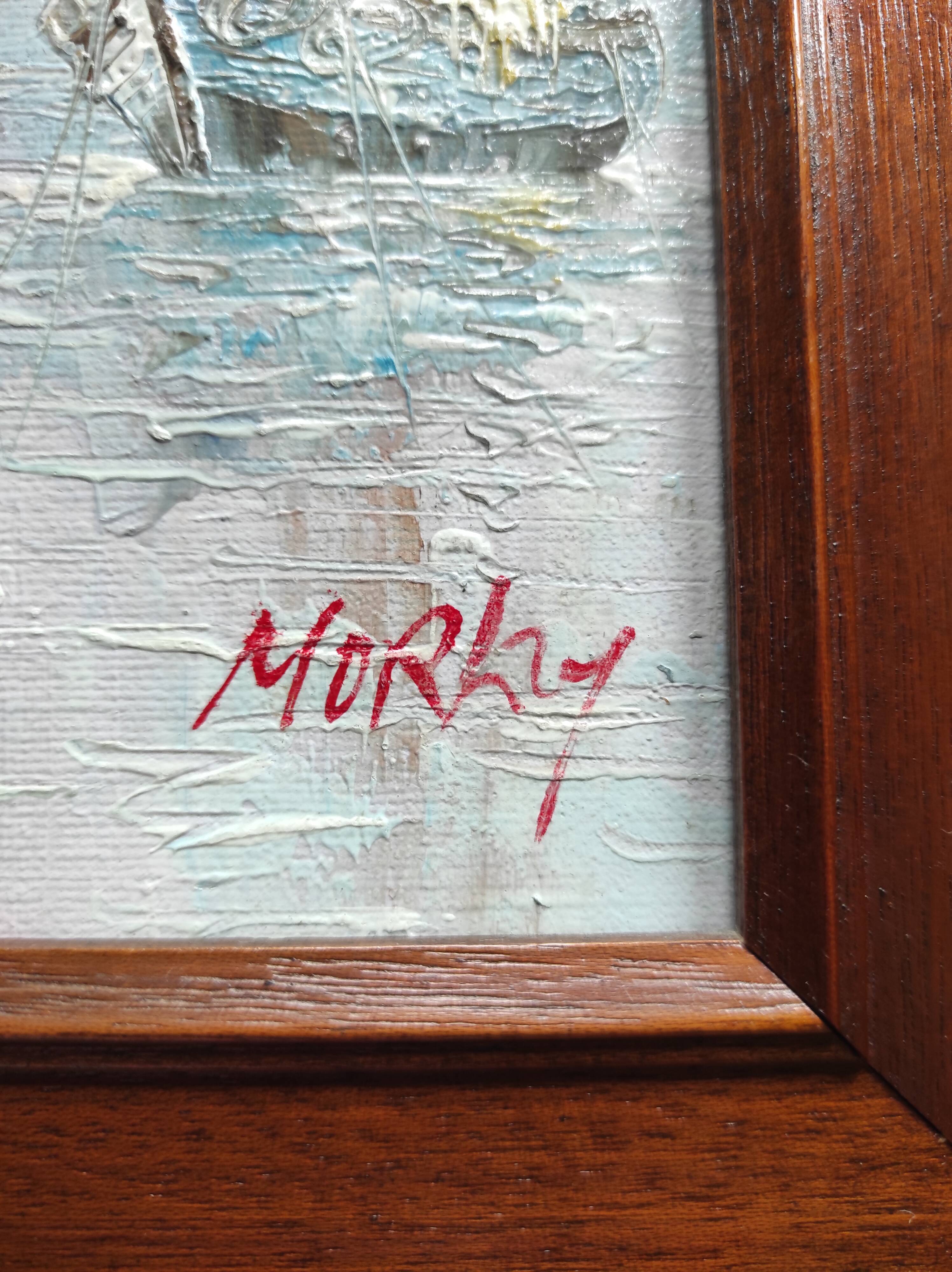 Oil painting on framed canvas seascape/boats/port signed Morlay