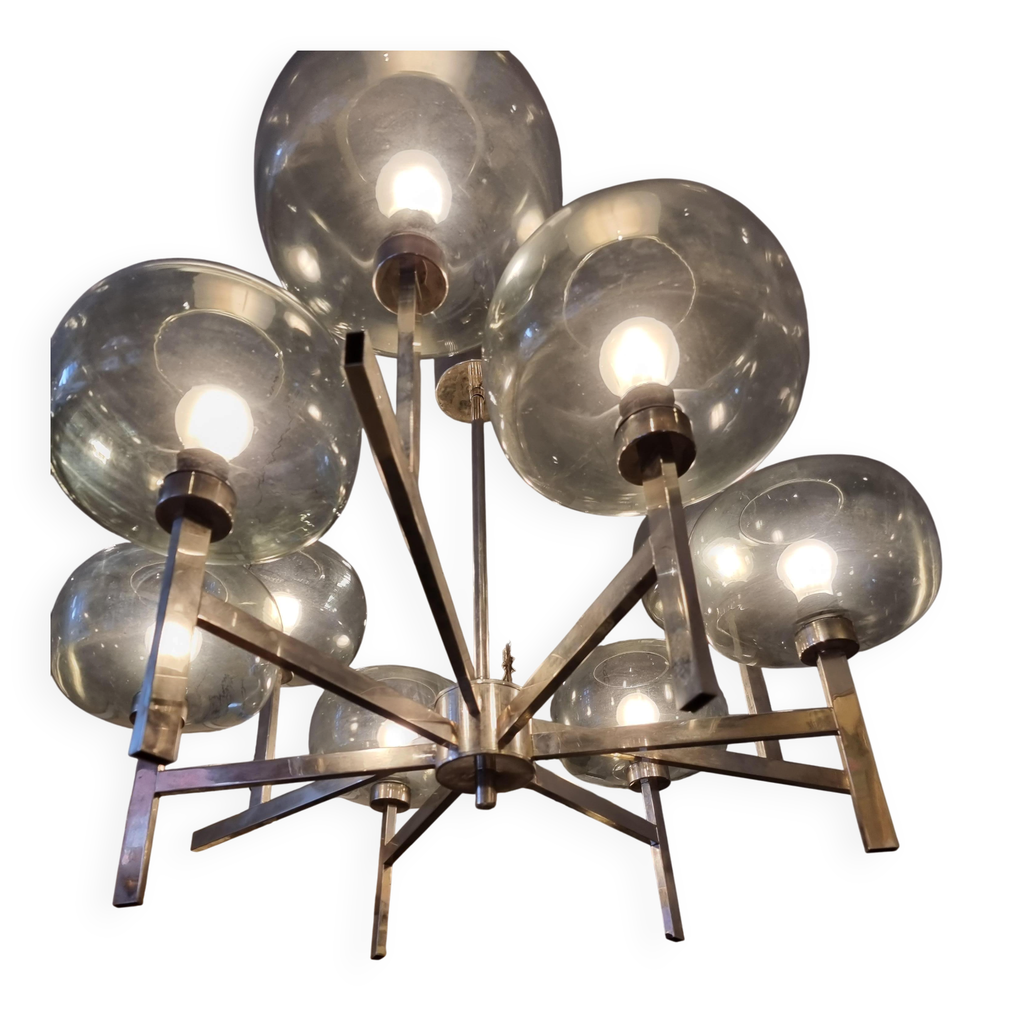 Timeless modern Scandinavian / mid-century chandelier in chrome and smoked glass.