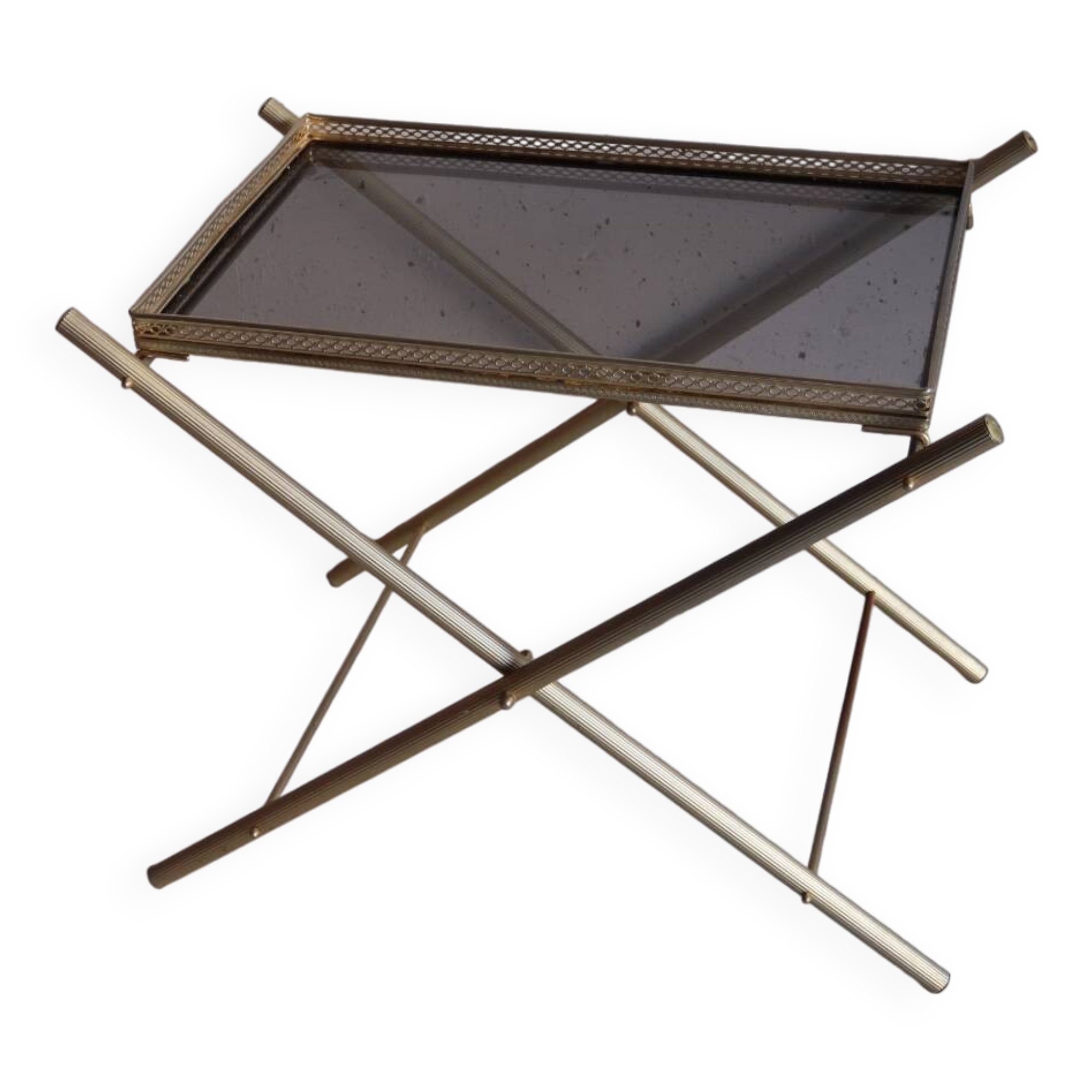 Serving tray, vintage serving tray in smoked glass and gold metal