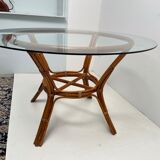 Table à manger en rotin plateau en verre vintage