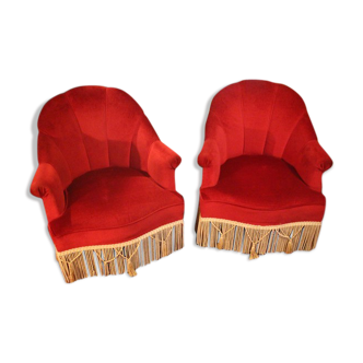 Pair of Napoleon 3-style red velvet toad armchairs