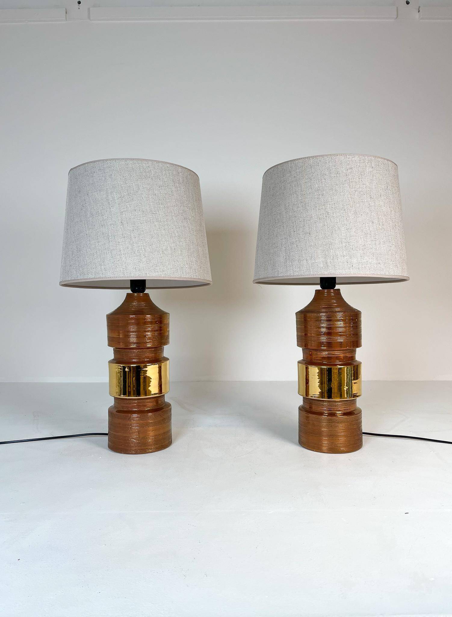 Pair of Bergboms Bitossi brass table lamps, large mid-century, 1960s, Sweden.