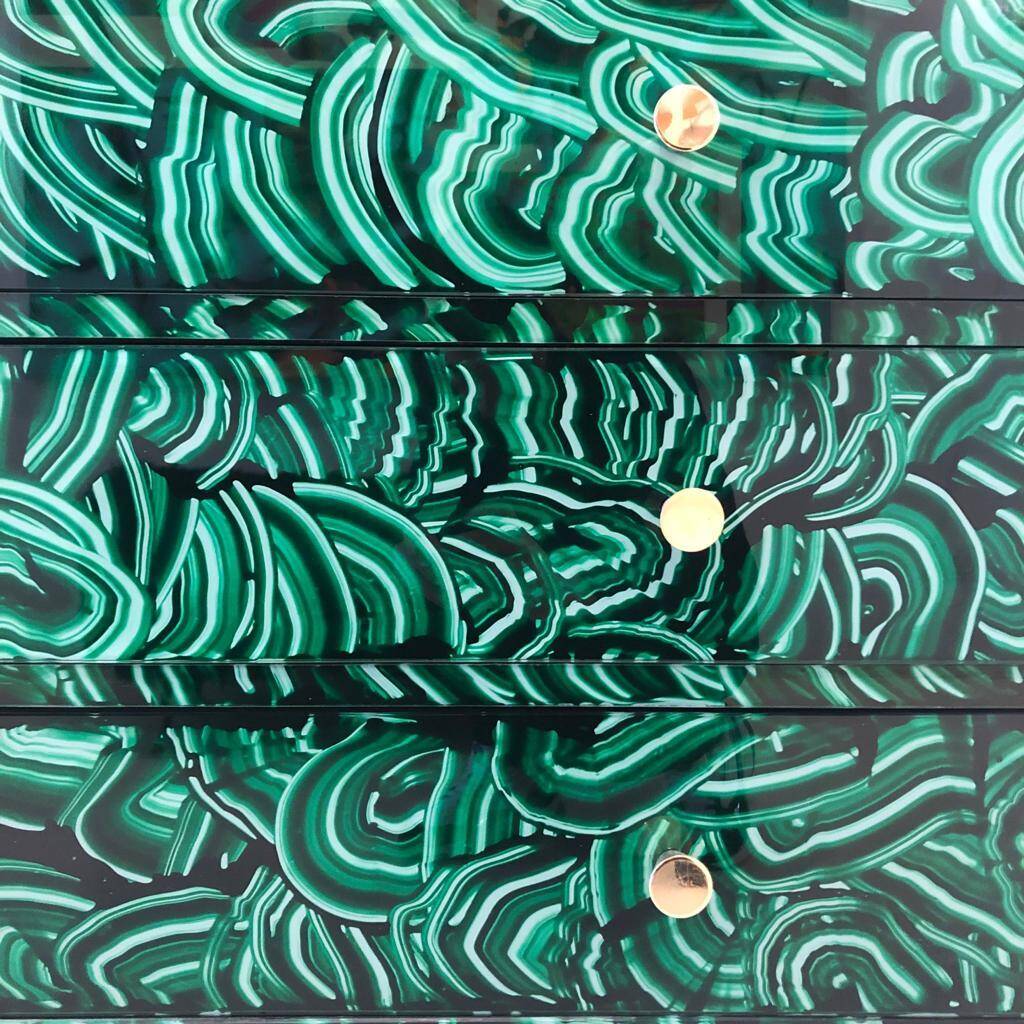 Mid-Century Modern Style Green-Malachite Colored Glass Italian Chest of Drawers