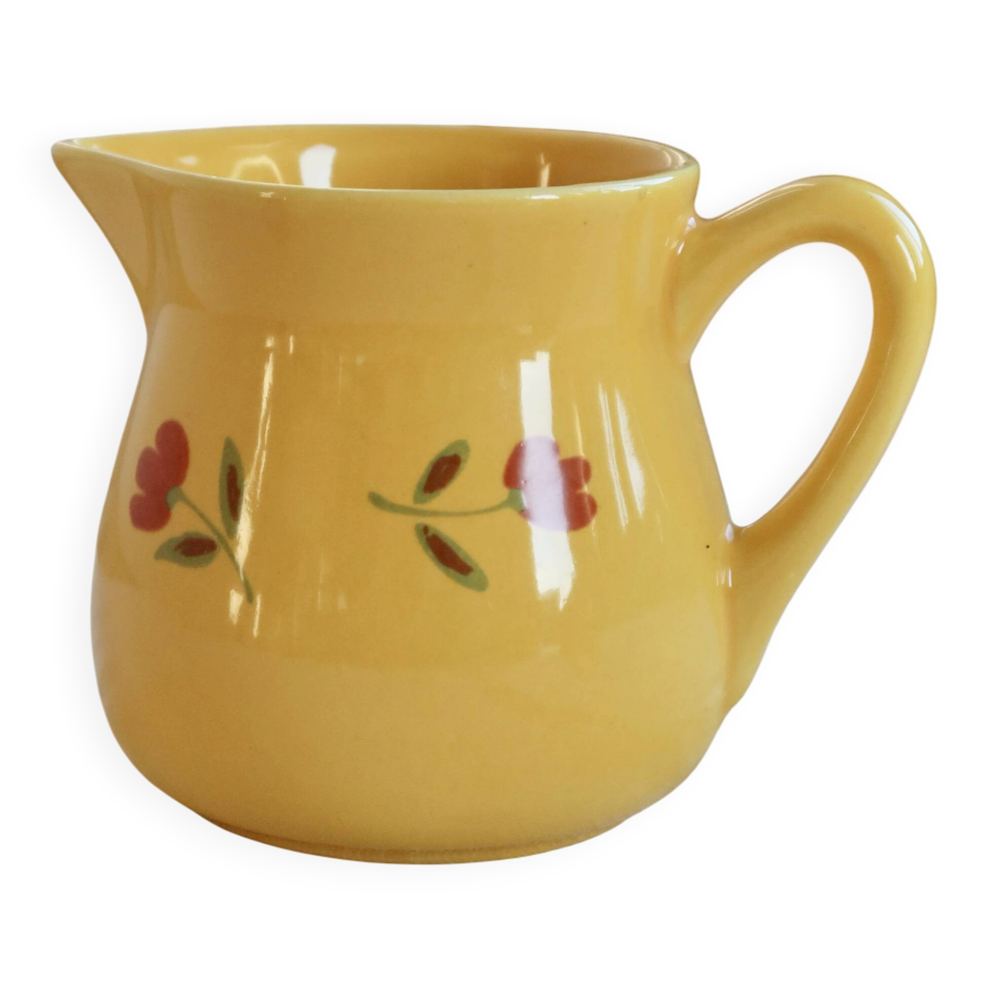 Vintage yellow ceramic milk jug – Hand-painted floral pattern