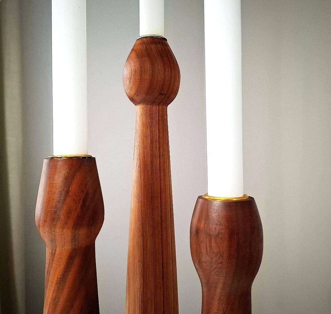 3 Scandinavian teak wood candle holders with brass inserts, Denmark, a