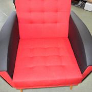 Pair of vintage red fabric armchairs with light wood legs from the 1960s.