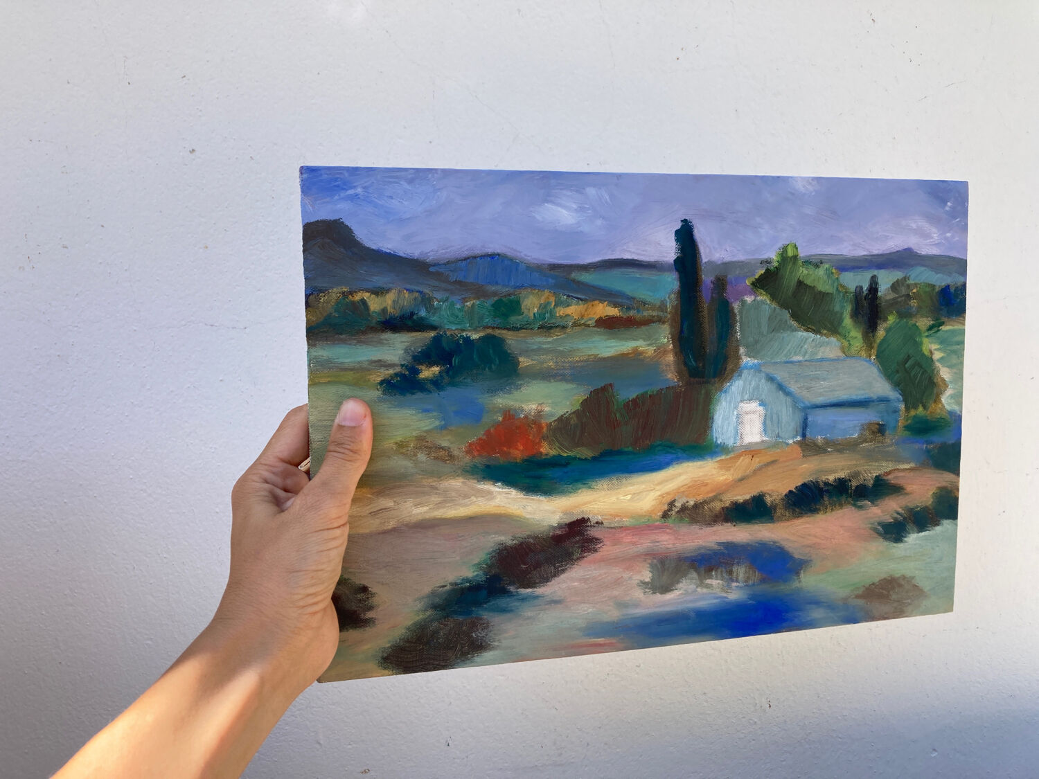 Mediterranean Provencal landscape / expressionist painting / oil painting on wood panel
