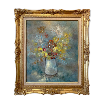 Old painting, still life with wild flowers signed Massard XX century