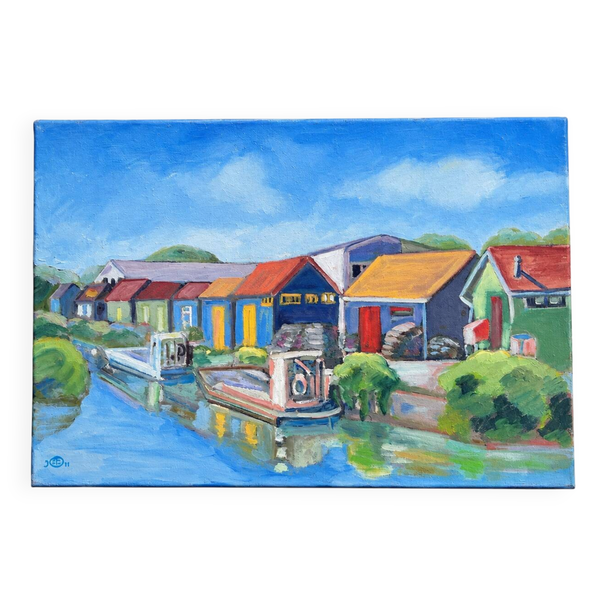 Painting signed by Esther Durand – Colourful huts by the water – Oil on