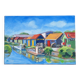 Painting signed by Esther Durand – Colourful huts by the water – Oil on
