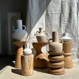 Handcrafted terracotta vase painted white with double handles h:40 d:30