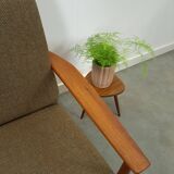 Teak Scandinavische fauteuil met bruin stoffen kussens, stoel 2