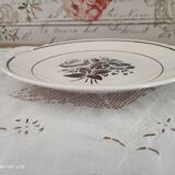 Plat à tarte ou à gâteau 2 anses en faïence ancienne décor roses grises