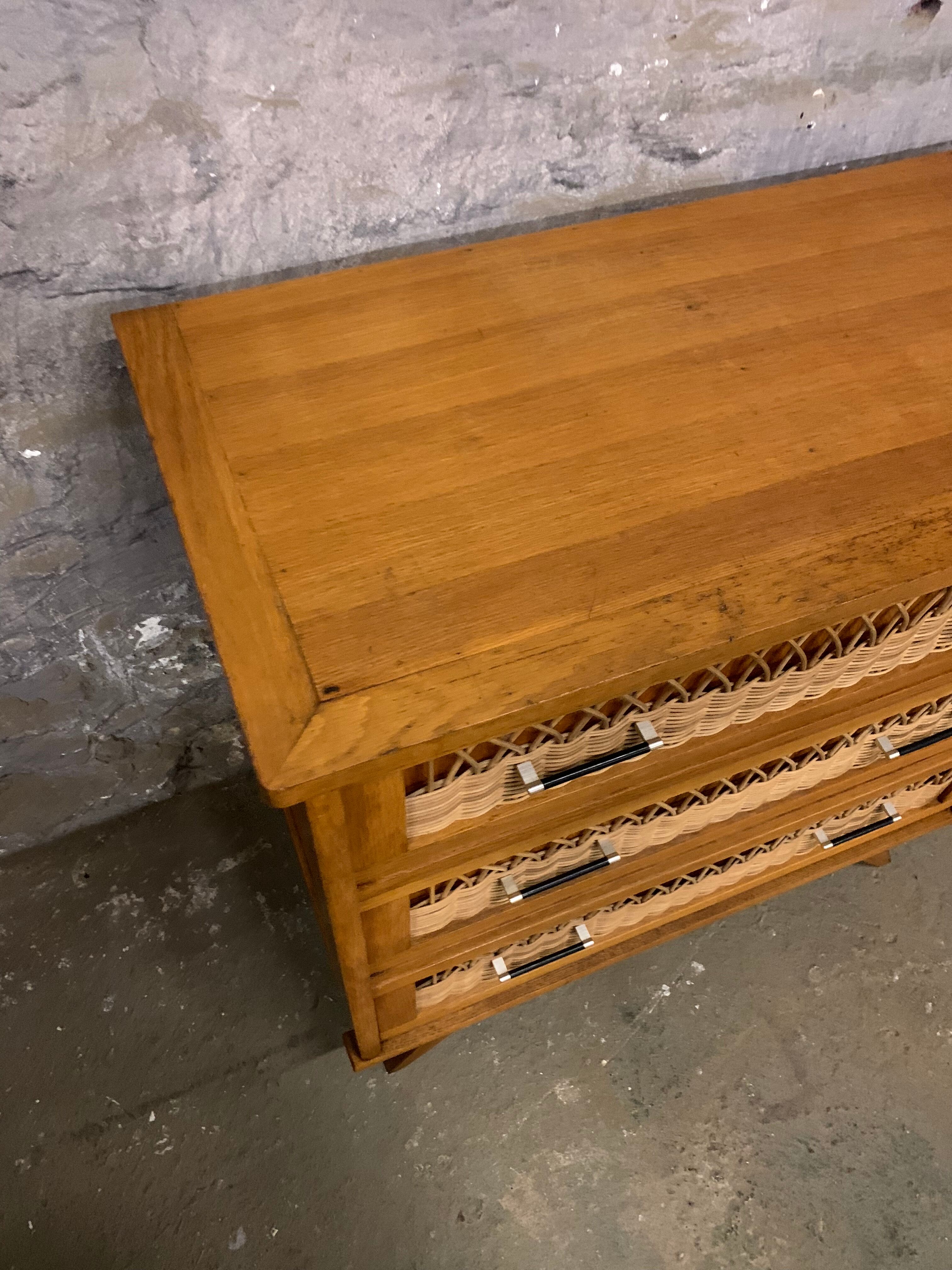 Chest of drawers vintage rattan and oak compass feet