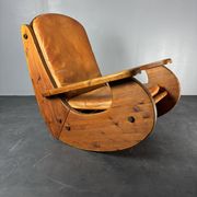 Brutalist pine rocking lounge chair with leather seat by Wasa 1984