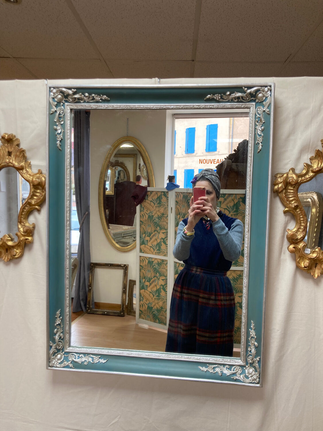 Old mirror silver and blue 79x60cm